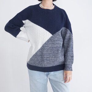 Vintage Navy White Blue Knit Abstract Design Fisherman Crewneck Sweater M